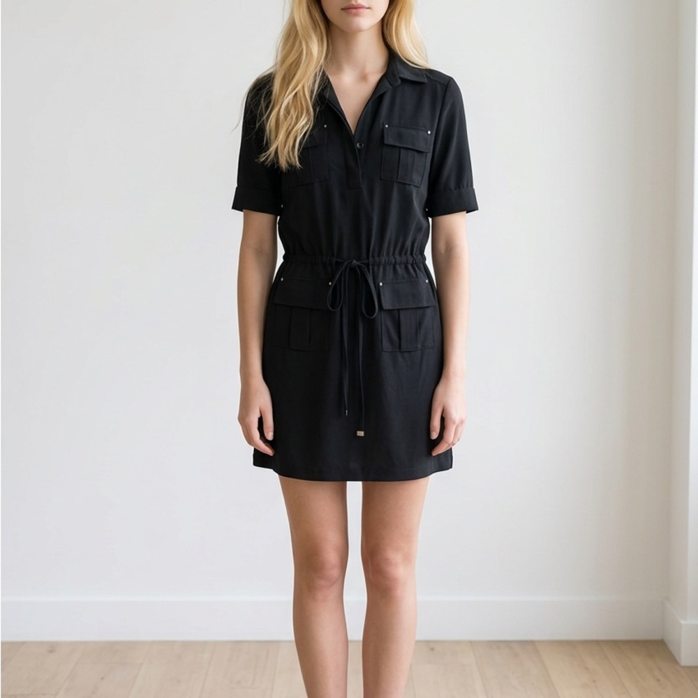 White House Black Market Black Short-Sleeve Shirt Dress Size 00 Travel Wear